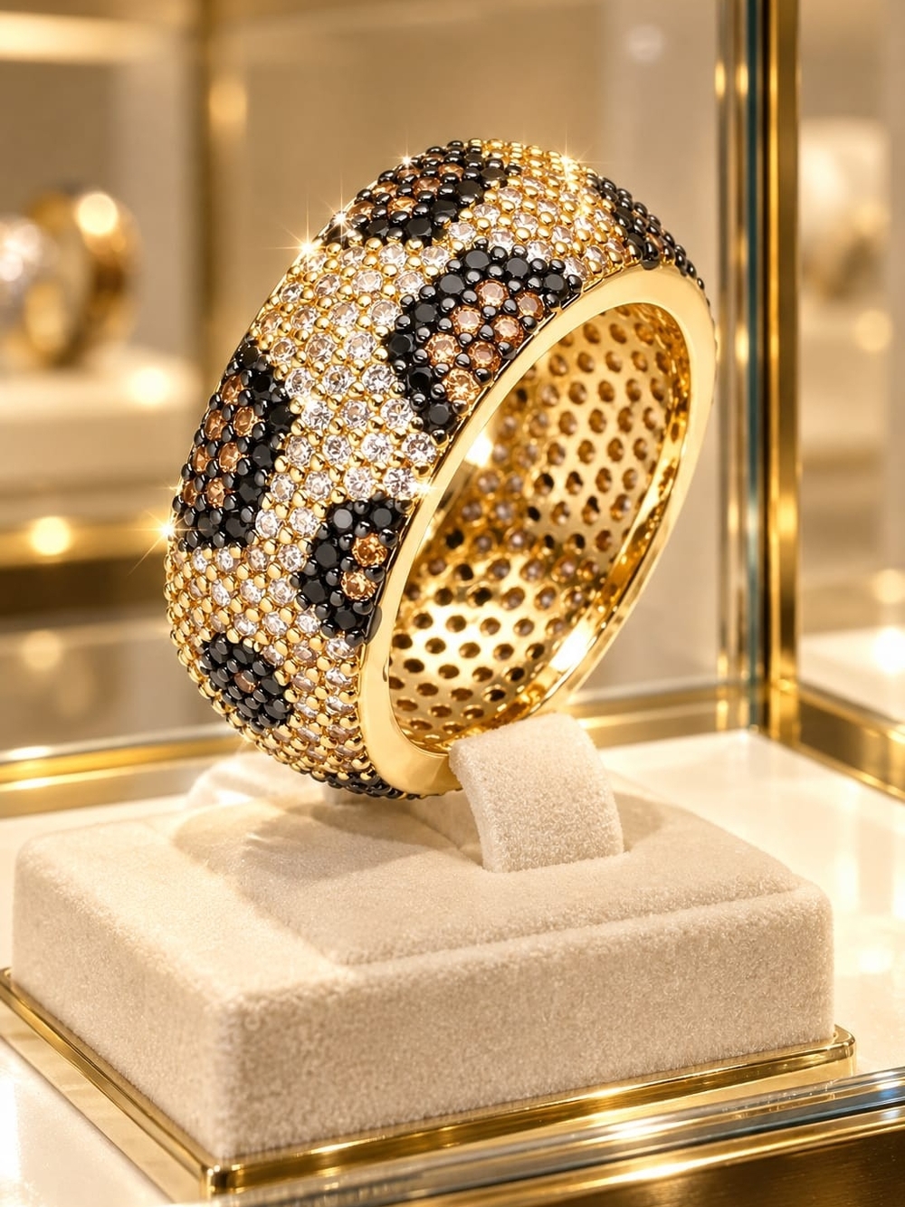 Gold Pave Leopard-Pattern Dome Ring - Gold, Black, Brown